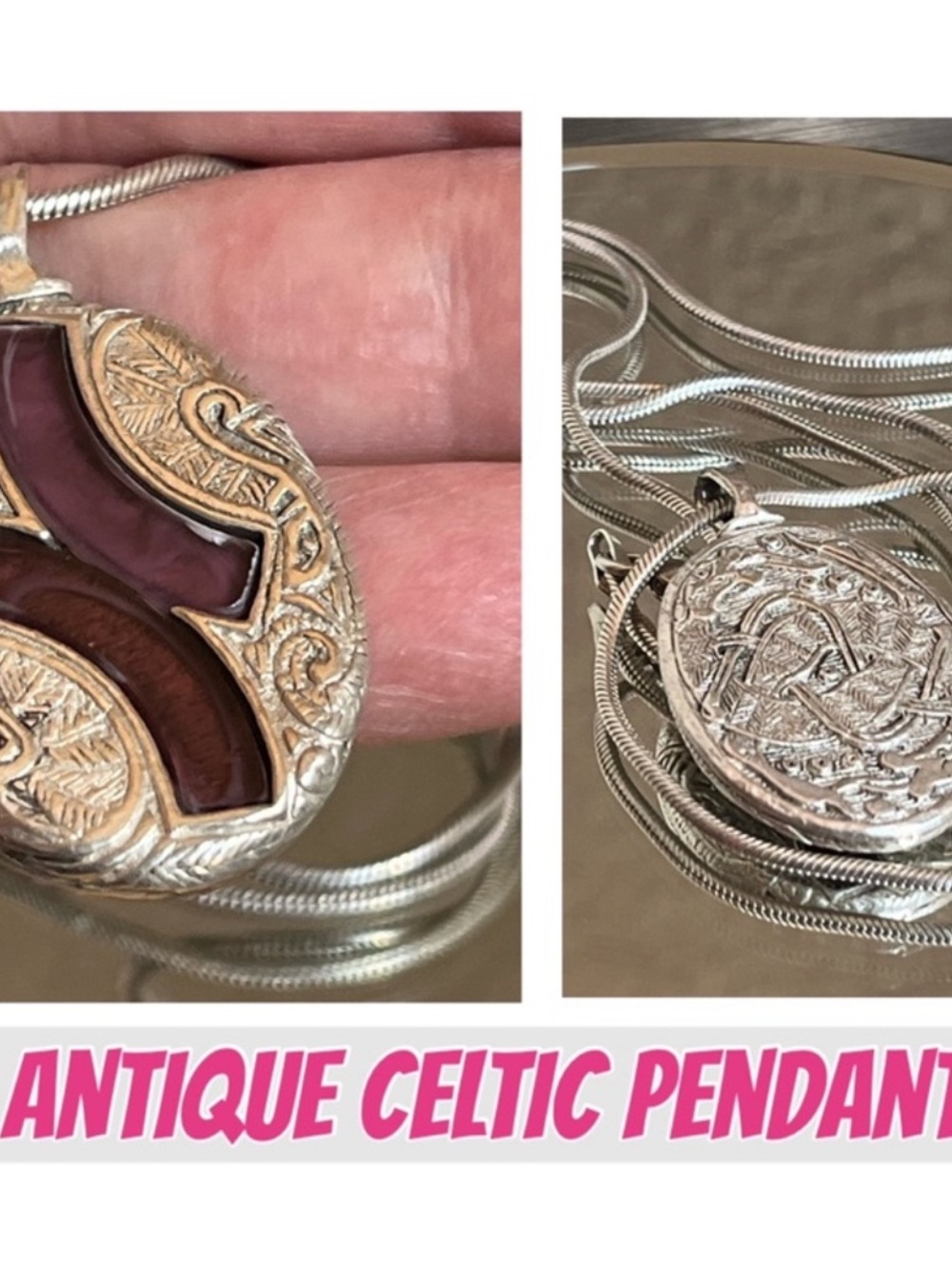 N101 Norwegian Silver Oval Pendant Necklace with Red-purple Gem Inlay